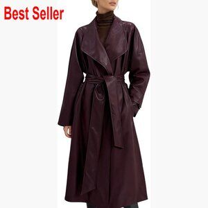 Faux Leather Trench Coat with Belt Lapel Collar Long Sleeves